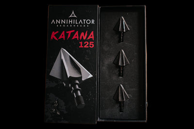 Three Katana 125 grain broadheads displayed in an open box, with the Annihilator Archery logo and the product name visible.