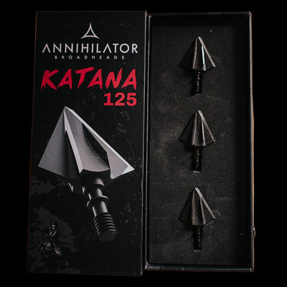 Three Katana 125 grain broadheads displayed in an open box, with the Annihilator Archery logo and the product name visible.