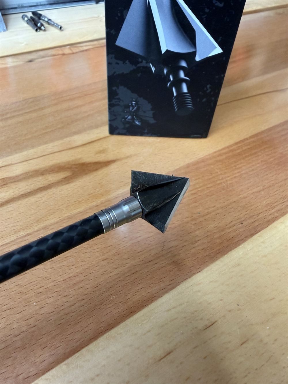 The retired Katana broadhead from Jake's hunt, still on the arrow